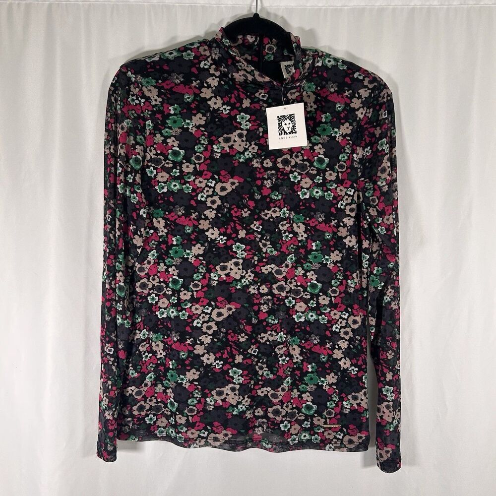 New Anne Klein Blouse Women's Small Black Floral Sheer Sleeve Zip Back